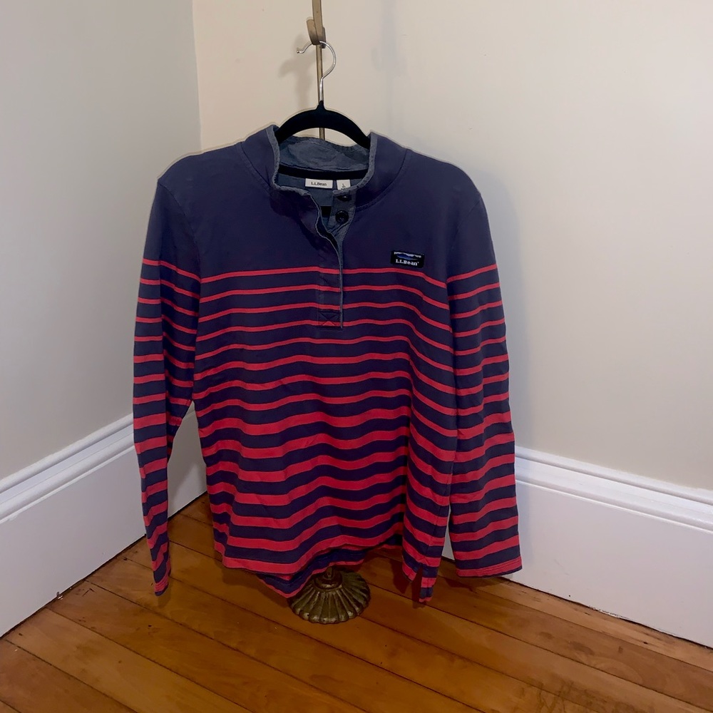 Women L.L. Bean button sweatshirt sweater red blue stripe nautical preppy